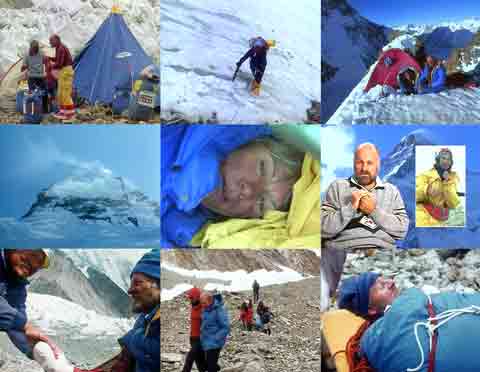 
UL: Kurt Diemberger And Julie Tullis prepare to leave K2 Base Camp. RC: Julie Tullis climbing. UR: Kurt Diemberger And Julie Tullis at K2 Camp.
ML: K2 Shoulder. MC: Julie Tullis In Tent. MR: Kurt Diemberger talks about the tragic events at Camp 4 and his descent.
BL: Doctor looking after Kurt Diemberger's frostbitten hands. BM: Willi Bauer walks while Kurt Diemberger is carried on a stretcher to a helicopter. BR: Kurt Diemberger on a stretcher.
- K2: Traum Und Schicksal DVD
